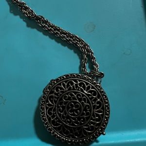 Long silver amethyst locket necklace